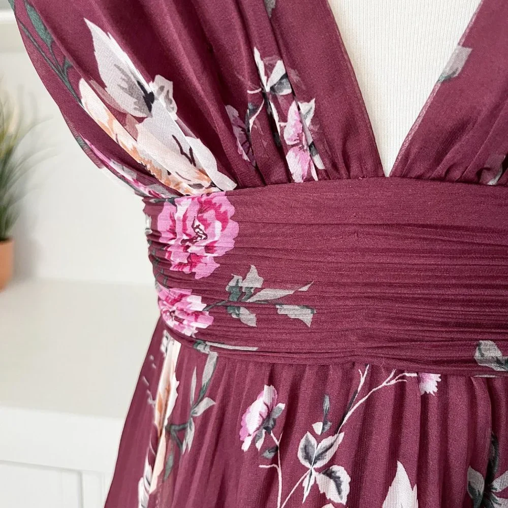Jill Stuart | Burgundy Floral Print Pleated Zola Midi Dress | 0 - Picture 4 of 10